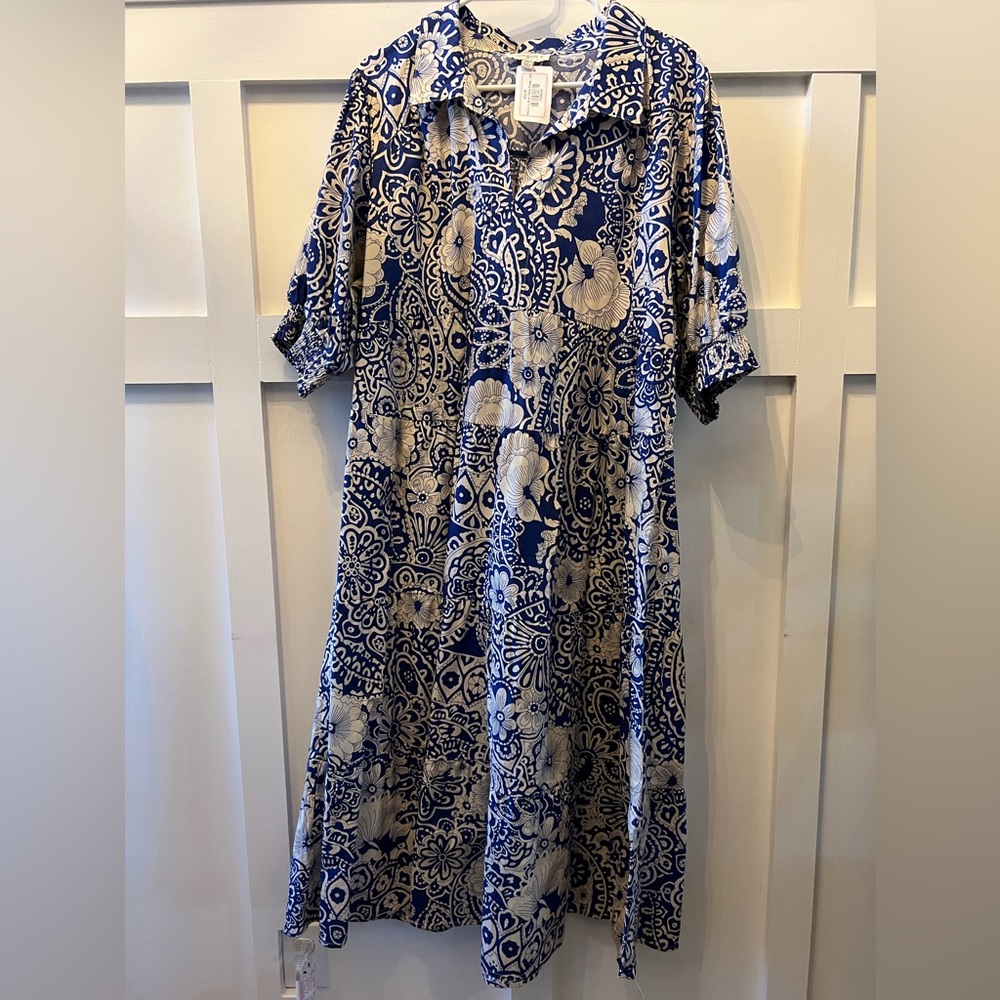 Umgee Printed Midi Dress in Blue